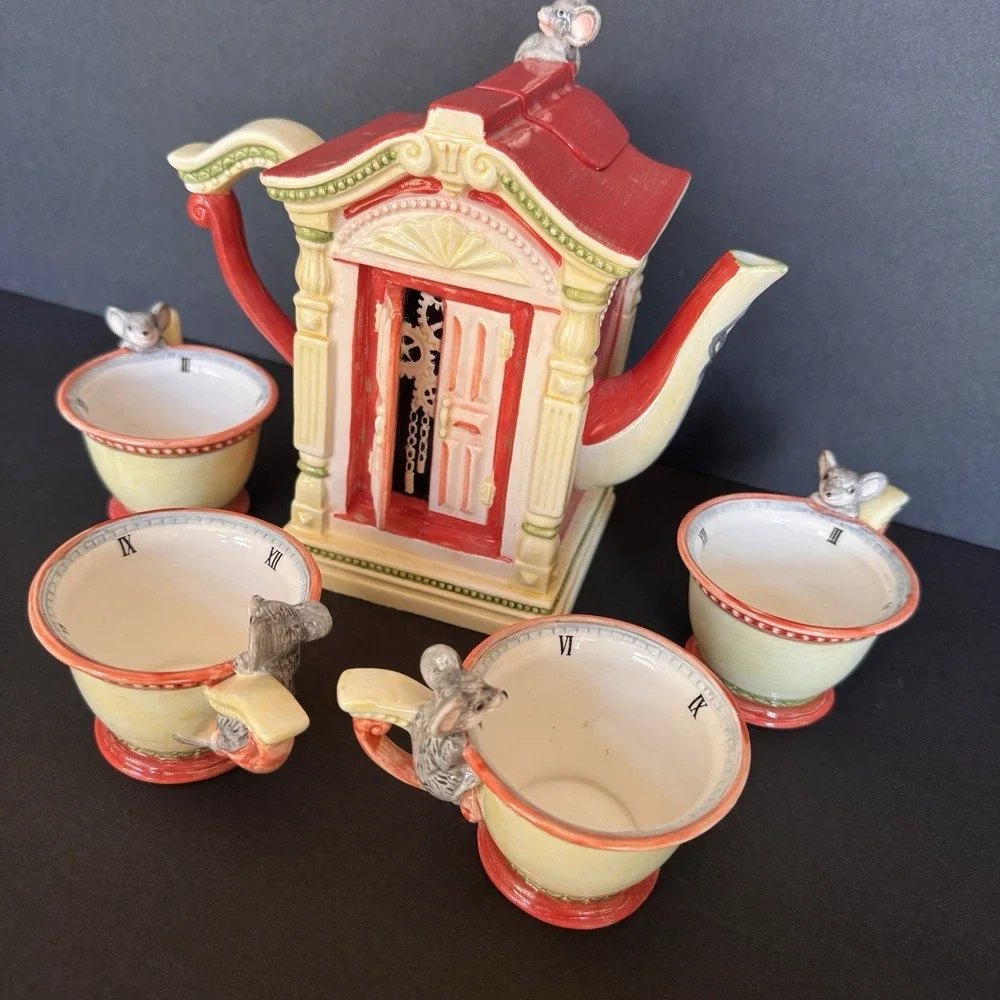 Vintage Department 56 Storybook Hickory Dickory Dock Handpainted Ceramic Tea Set